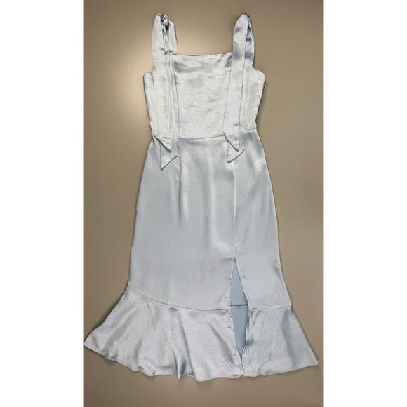 Skies Are Blue Satin Midi Dress XS Pastel Baby Blue Bridesmaid Bow Straps Ruffle - Picture 5 of 16